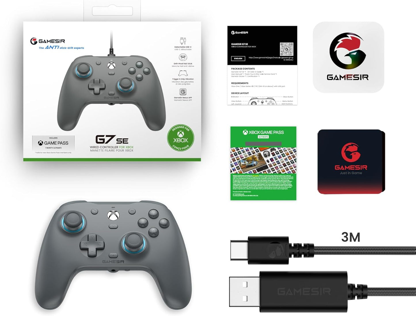 GameSir G7 SE Wired Controller for Xbox Series X|S, Xbox One & Windows 10/11, Plug and Play Gaming Gamepad with Hall Effect Joysticks/Hall Trigger, 3.5mm Audio Jack - Sporty Gray