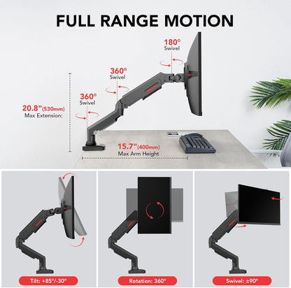 KOORUI KR20Y Monitor PC Monitor Mount for Flat and Curved Screens from 17" to 32", Ergonomic Gas Spring Arm, Height, Tilt, Swivel, Increased Load Capacity from 2 to 9kg, VESA 75&100mm