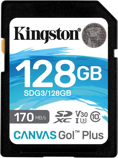 بطاقة ذاكرة Kingston SDXC Canvas Go Plus سعة 128 جيجابايت بسرعة قراءة 170 ميجابايت/ثانية UHS-I وC10 وU3 وV30 (SDG3/128GB)