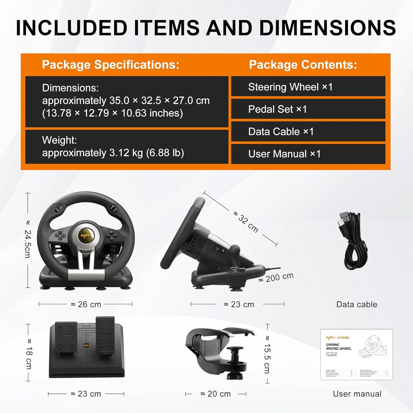 PXN V3 Pro 180 Degree Steering Wheel with Pedals, Vibration Feedback fot for PC, PS3, PS4, Xbox One & Series XS, Nintendo Switch - Black