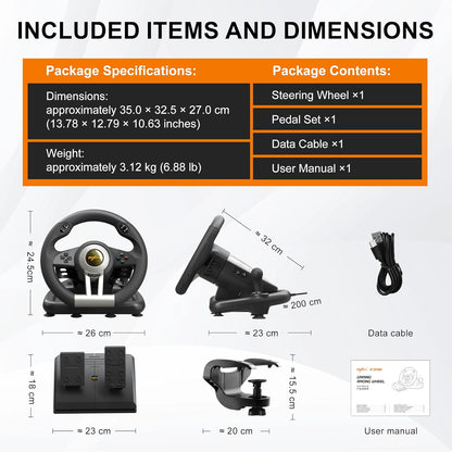 PXN V3 Pro 180 Degree Steering Wheel with Pedals, Vibration Feedback fot for PC, PS3, PS4, Xbox One & Series XS, Nintendo Switch - Black