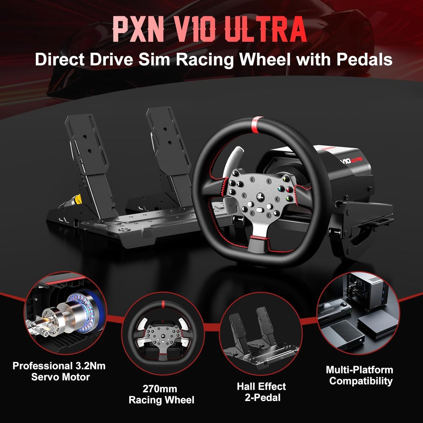 PXN V10 Ultra Direct Drive Racing Wheel – 3.2Nm Force Feedback Gaming Steering Wheel  - PS4 | PC | Xbox One | Xbox Series
