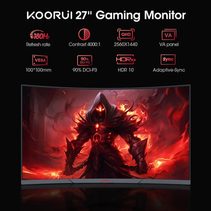 KOORUI 27E6QCA 27 inch Curved Gaming Monitor, QHD (2560 x 1440) R1500 180Hz, AdaptiveSync with 1ms Computer Monitor, VESA Compatible, HDR10