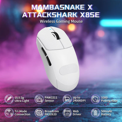 ATTACK SHARK X8 SE Tri-Mode Wireless Gaming Mouse Ergonomic 59g Lightweight - Black | White