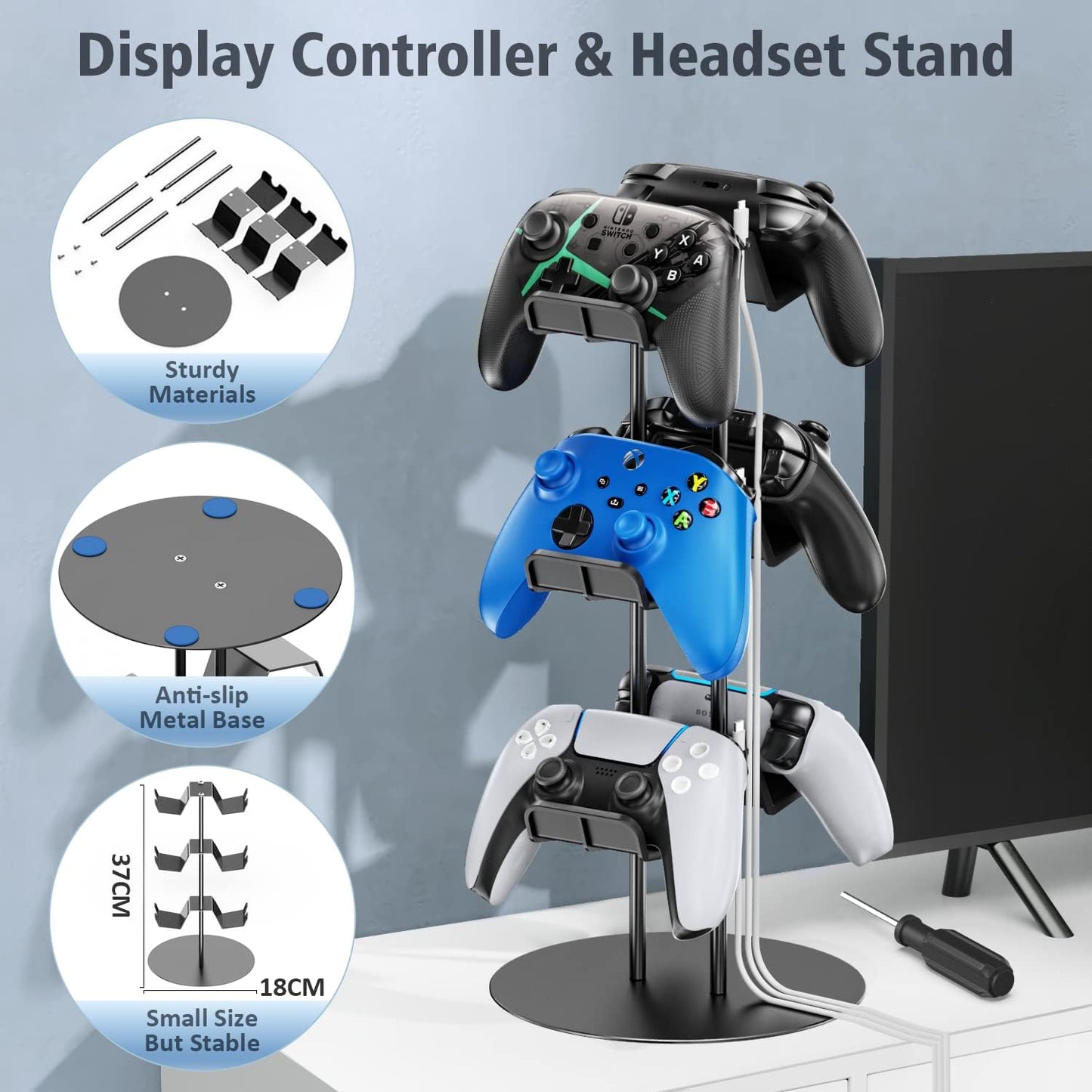 Kytok Controller Desk Stand 3 Tiers with Cable Organizer, Universal Controller & Headset Display Stand