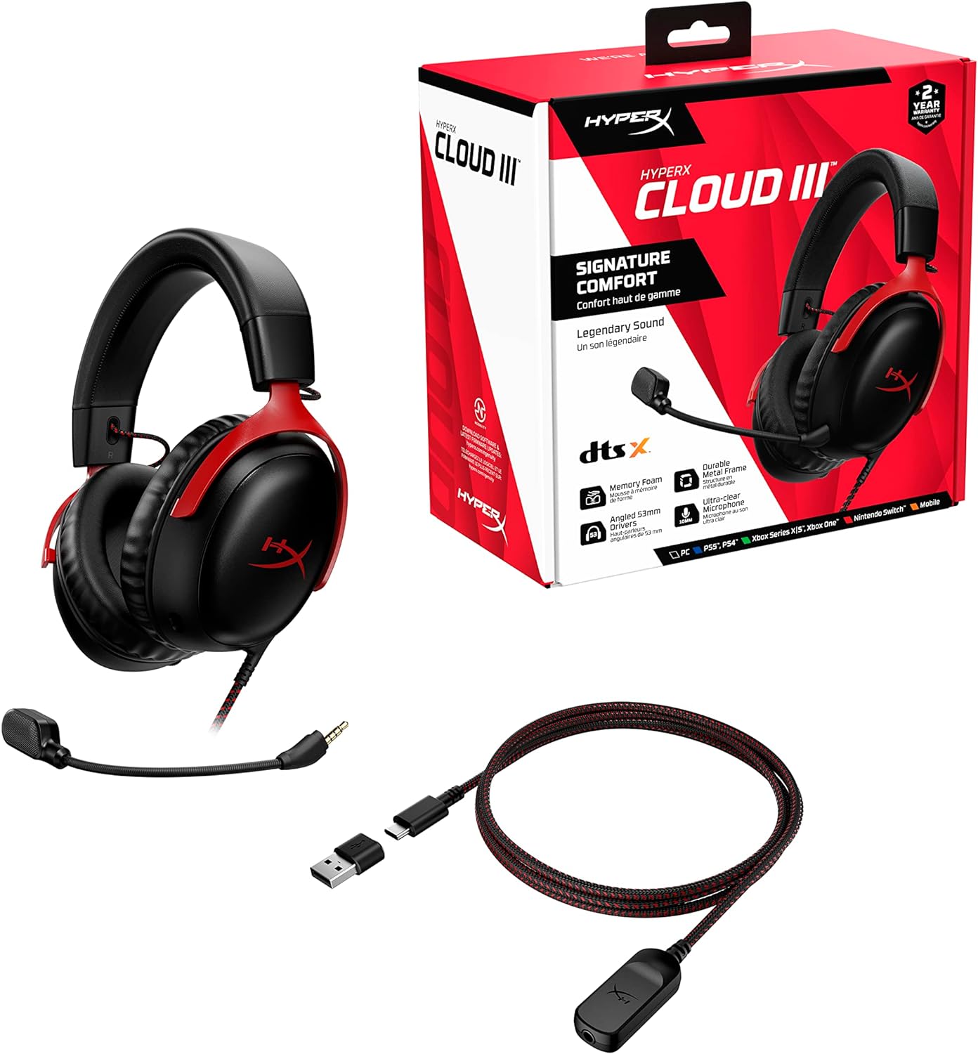 HyperX Cloud III – Wired Gaming Headset, PC, PS5, Xbox Series X|S - RED | BLACK