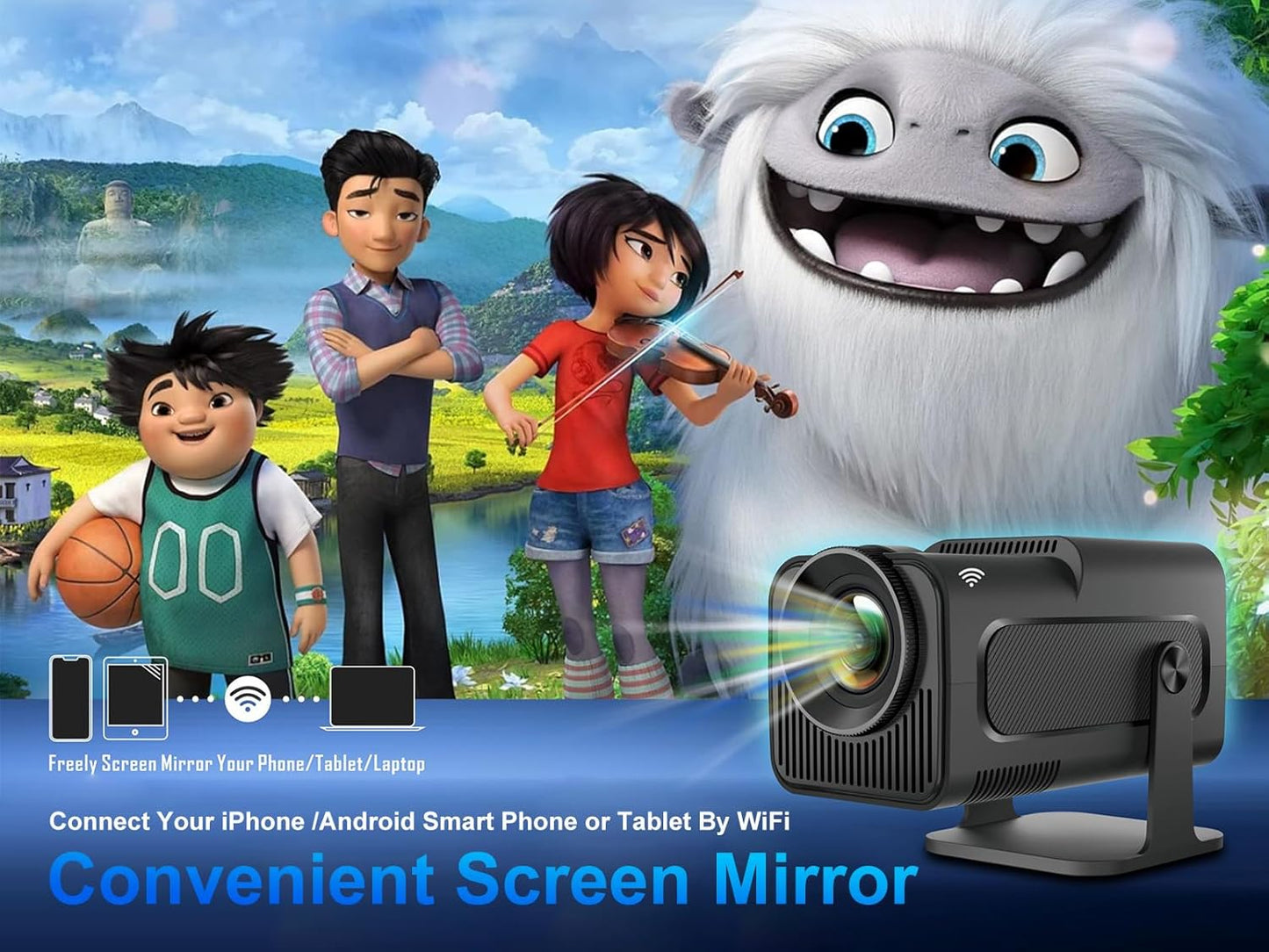 HY320 Portable Auto Keystone Projector, Natvie 1080P Smart Projector FHD 4K Supported 10000 Lumens with WiFi 6, BT 5.0, 180 Degree Rotation, Built-in Android 11.0- Black