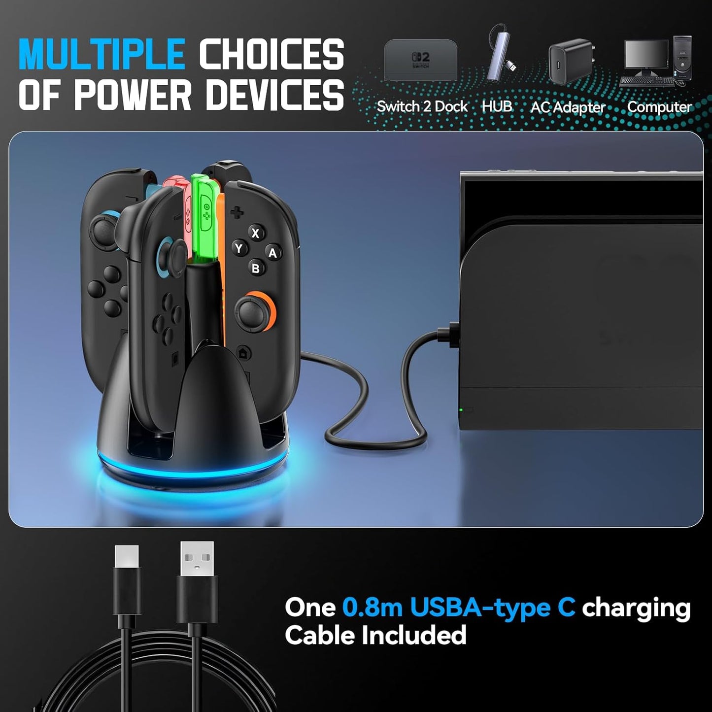 Nintendo Switch 2 Charging Dock, Switch 2 Charger for Nintendo Joycon 2 Accessories, 2.5h Fast Charging Station with RGB Lights