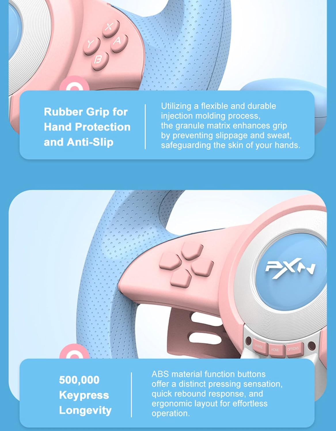 PXN V3 Pro 180 Degree Steering Wheel with Pedals, Vibration Feedback for PC, PS3, PS4, Xbox One & Series XS, Nintendo Switch - Pink & Blue