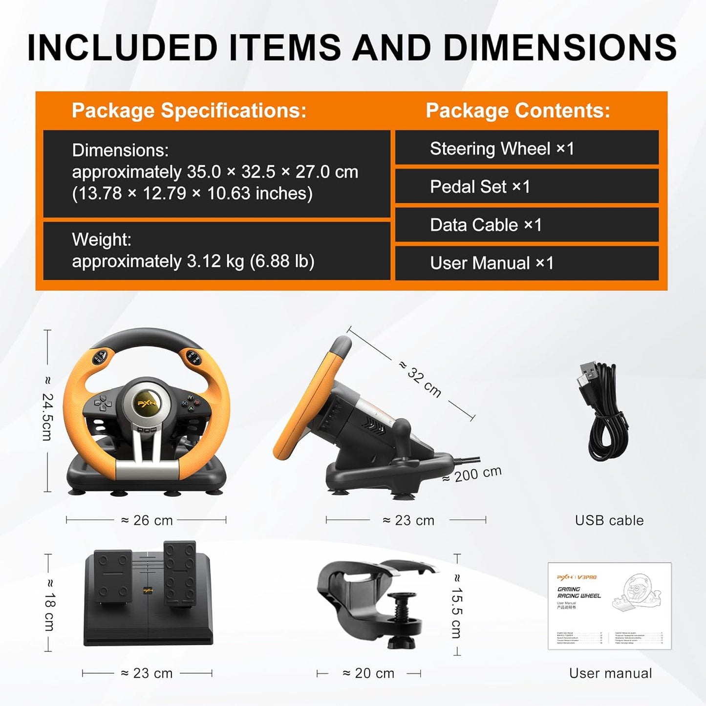 PXN V3 Pro 180 Degree Steering Wheel with Pedals, Vibration Feedback for PC, PS3, PS4, Xbox One & Series XS, Nintendo Switch - Orange
