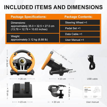PXN V3 Pro 180 Degree Steering Wheel with Pedals, Vibration Feedback for PC, PS3, PS4, Xbox One & Series XS, Nintendo Switch - Orange