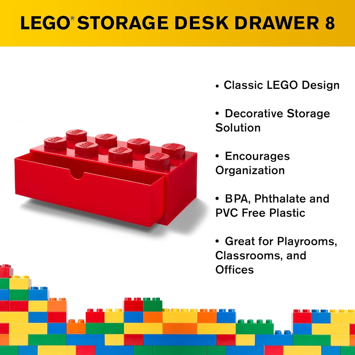 LEGO Storage Brick Desk Drawer, 8-Stud Stackable Tabletop Storage Box - Red