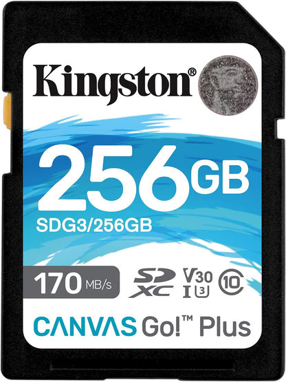بطاقة ذاكرة Kingston SDXC Canvas Go Plus سعة 256 جيجابايت بسرعة قراءة 170 ميجابايت/ثانية UHS-I وC10 وU3 وV30 (SDG3/256GB)