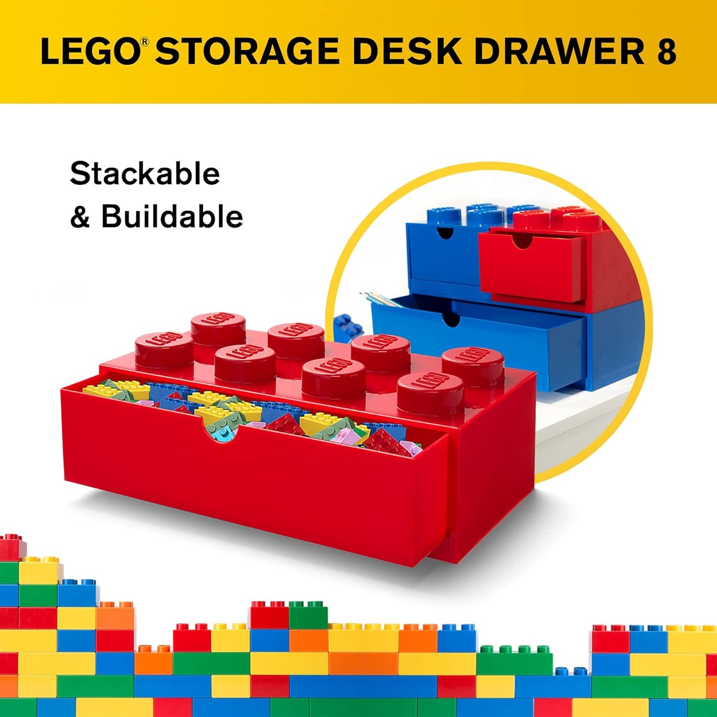 LEGO Storage Brick Desk Drawer, 8-Stud Stackable Tabletop Storage Box - Red