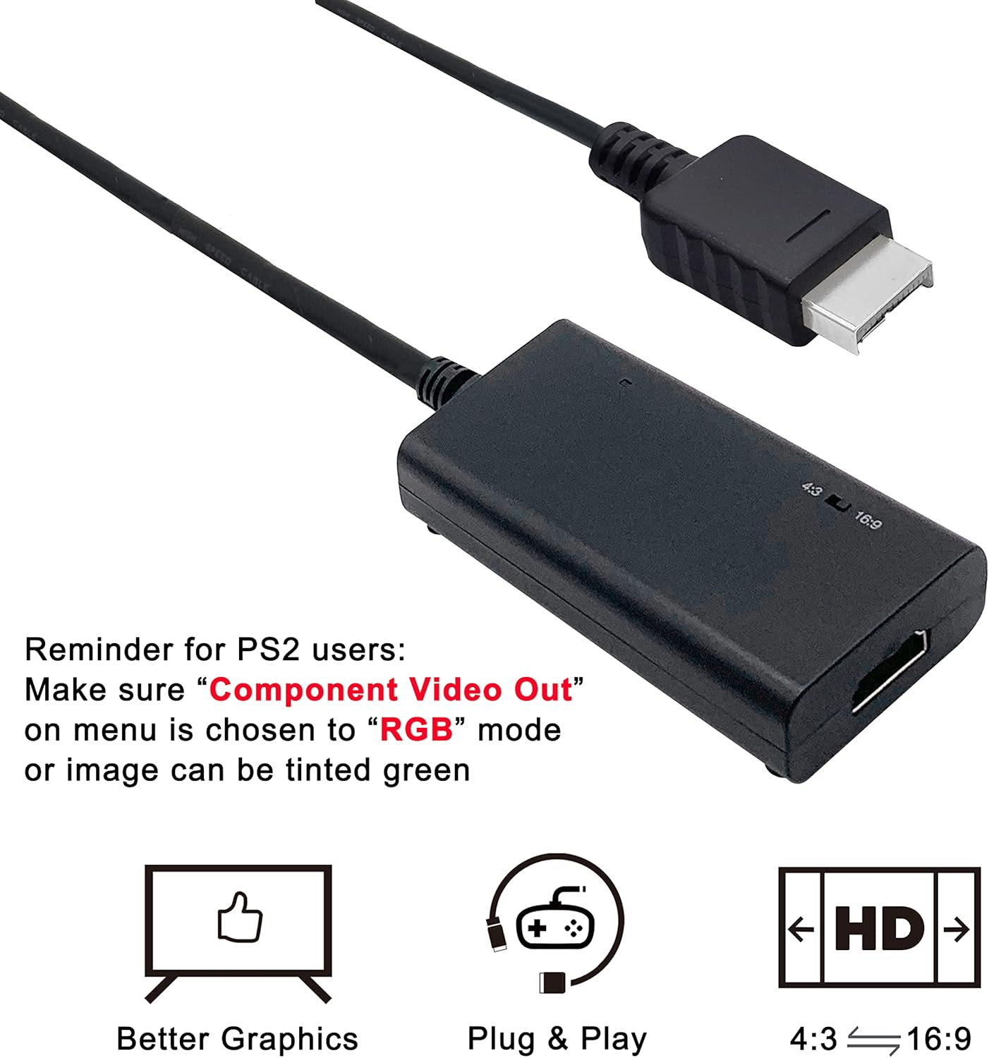 LEVELHIKE HDMI Cable for PlayStation 2 & PlayStation 1 Console (PS2 & PS1), PS1/PS2 to HDMI Adapter with True RGB Signal Output (100% Improved Video Quality), HD Converter with 4:3/16:9 Switch