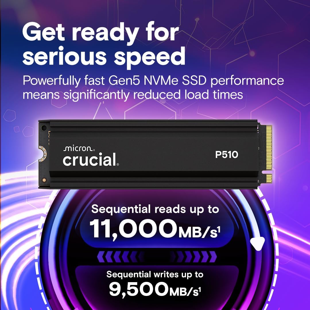Crucial P510 PCIe Gen5 NVMe 1TB SSD with Heatsink, Up to 11,000MB/s, TLC NAND -  PC | PS5