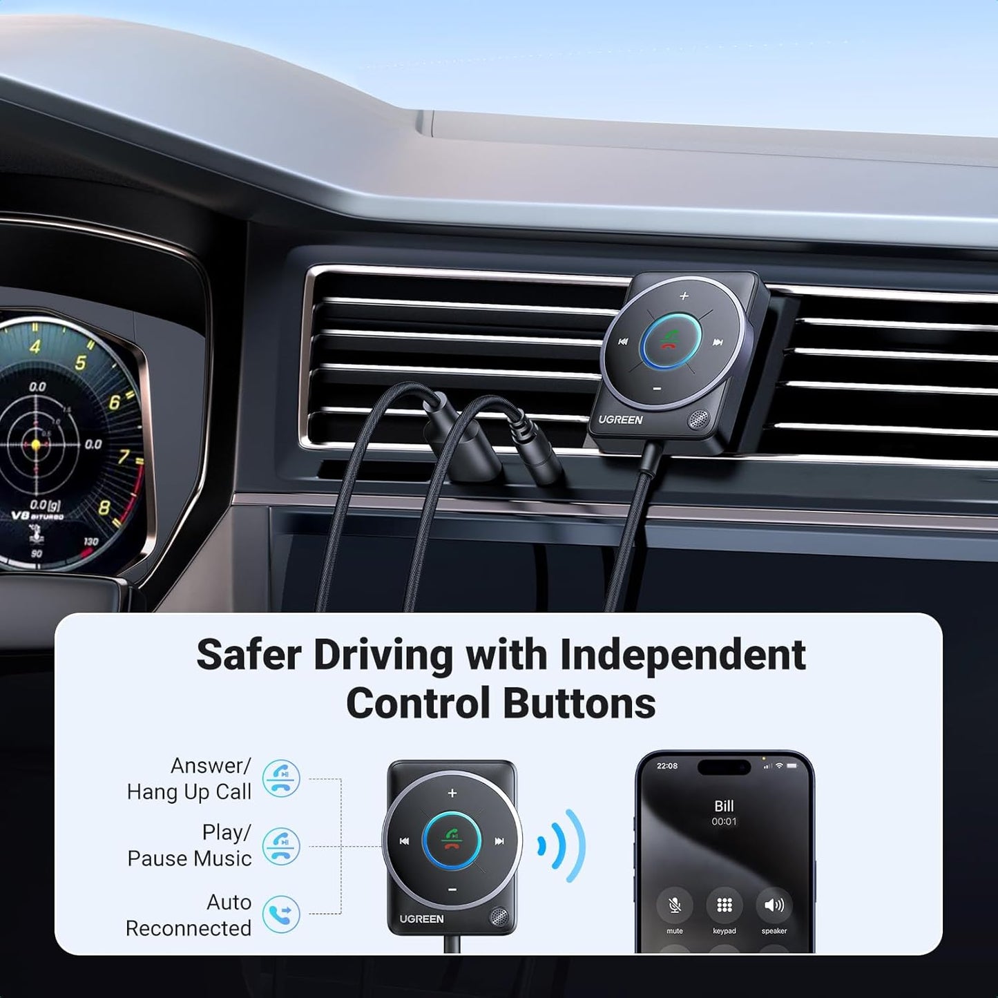 UGREEN Bluetooth 5.4 Aux Car Adapter With Enhanced Connection, Noise Cancellation, Nylon Braided Cable, Plug & Play For Hands-Free Calls, Stereo Audio, Dual Device Pairing