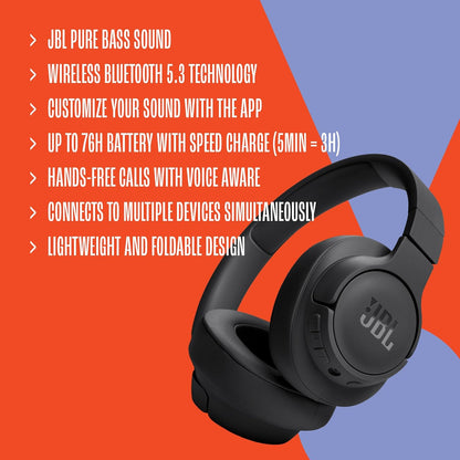 JBL Tune 720BT - Wireless Over-Ear Headphones with JBL Pure Bass Sound, Bluetooth 5.3, Up to 76H Battery Life - Black
