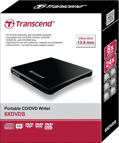 Transcend 8K Extra Slim Portable DVD Writer Optical Drive - Windows | Mac