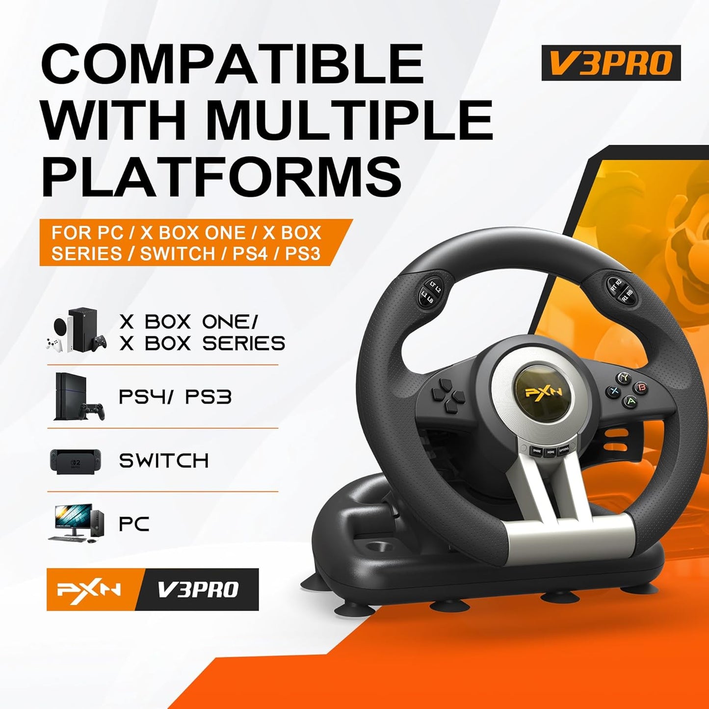 PXN V3 Pro 180 Degree Steering Wheel with Pedals, Vibration Feedback fot for PC, PS3, PS4, Xbox One & Series XS, Nintendo Switch - Black