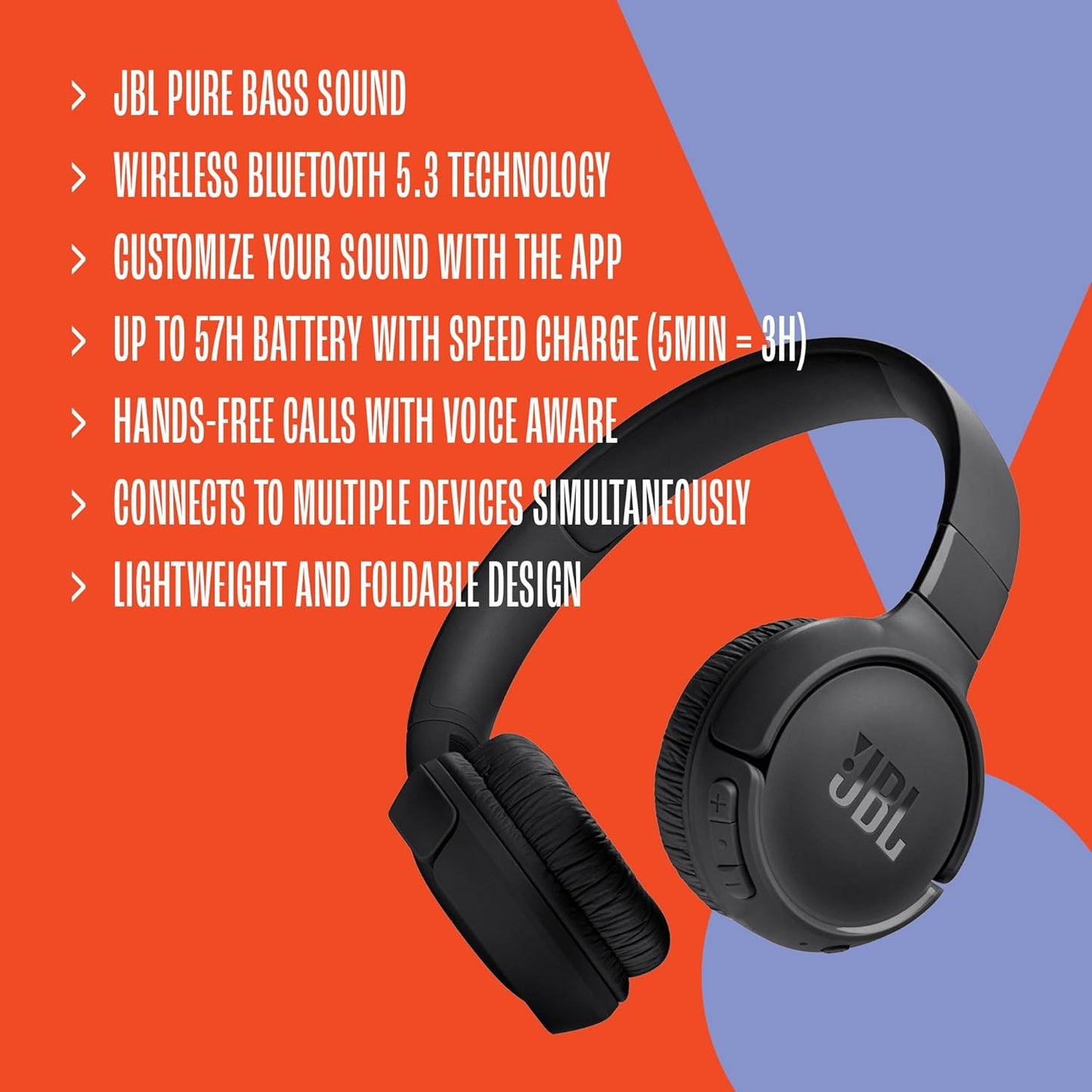 JBL Tune 520BT - Wireless On-Ear Headphones, Up to 57H Battery Life - Blue | Black | White | Purple