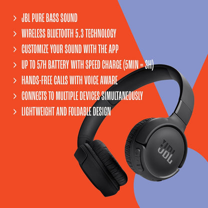 JBL Tune 520BT - Wireless On-Ear Headphones, Up to 57H Battery Life - Blue | Black | White | Purple