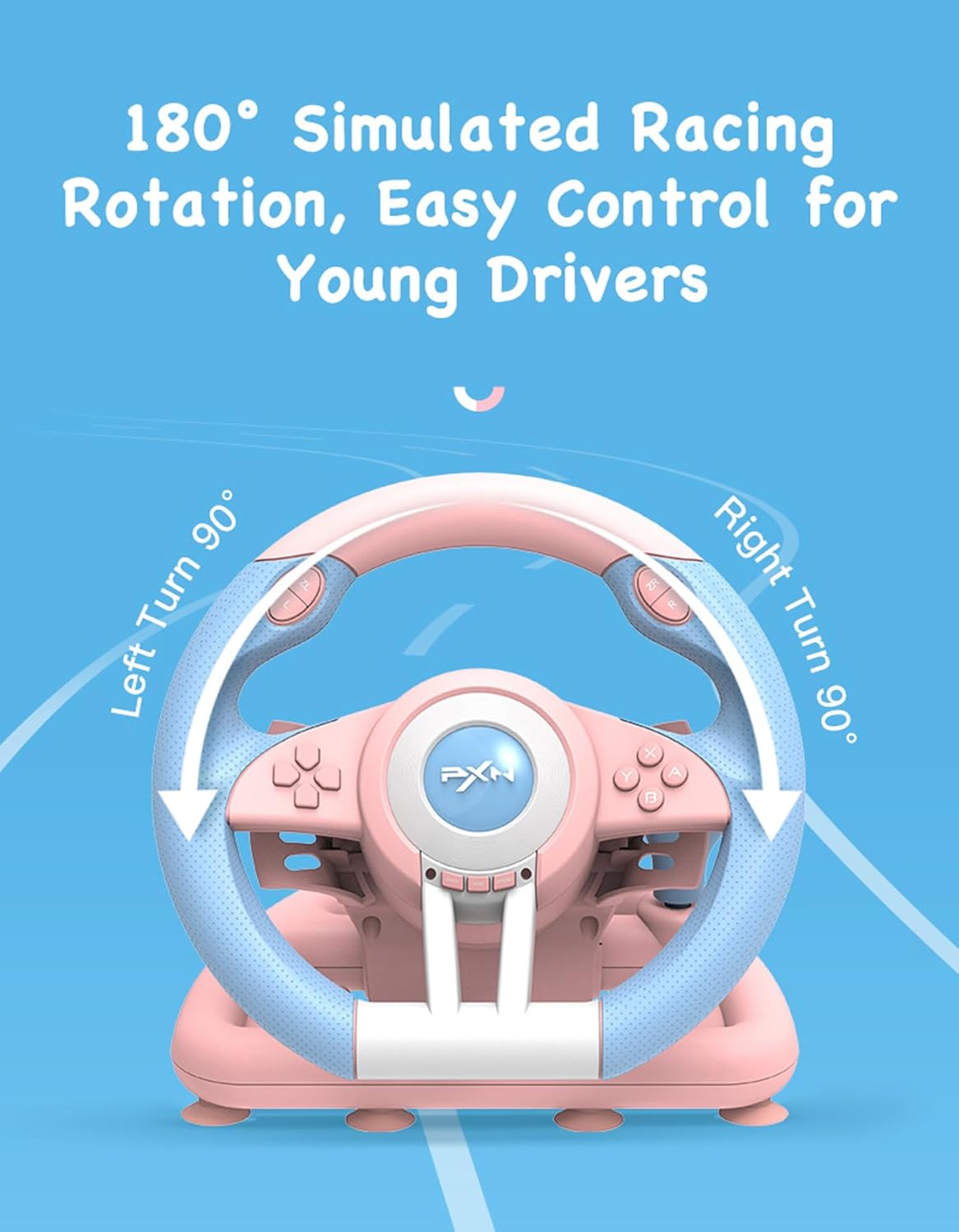 PXN V3 Pro 180 Degree Steering Wheel with Pedals, Vibration Feedback for PC, PS3, PS4, Xbox One & Series XS, Nintendo Switch - Pink & Blue