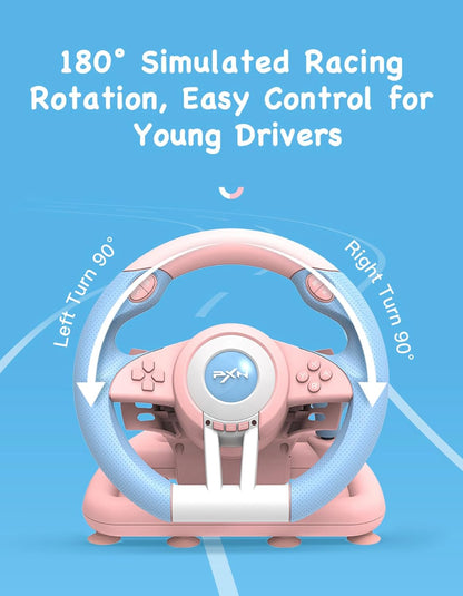 PXN V3 Pro 180 Degree Steering Wheel with Pedals, Vibration Feedback for PC, PS3, PS4, Xbox One & Series XS, Nintendo Switch - Pink & Blue