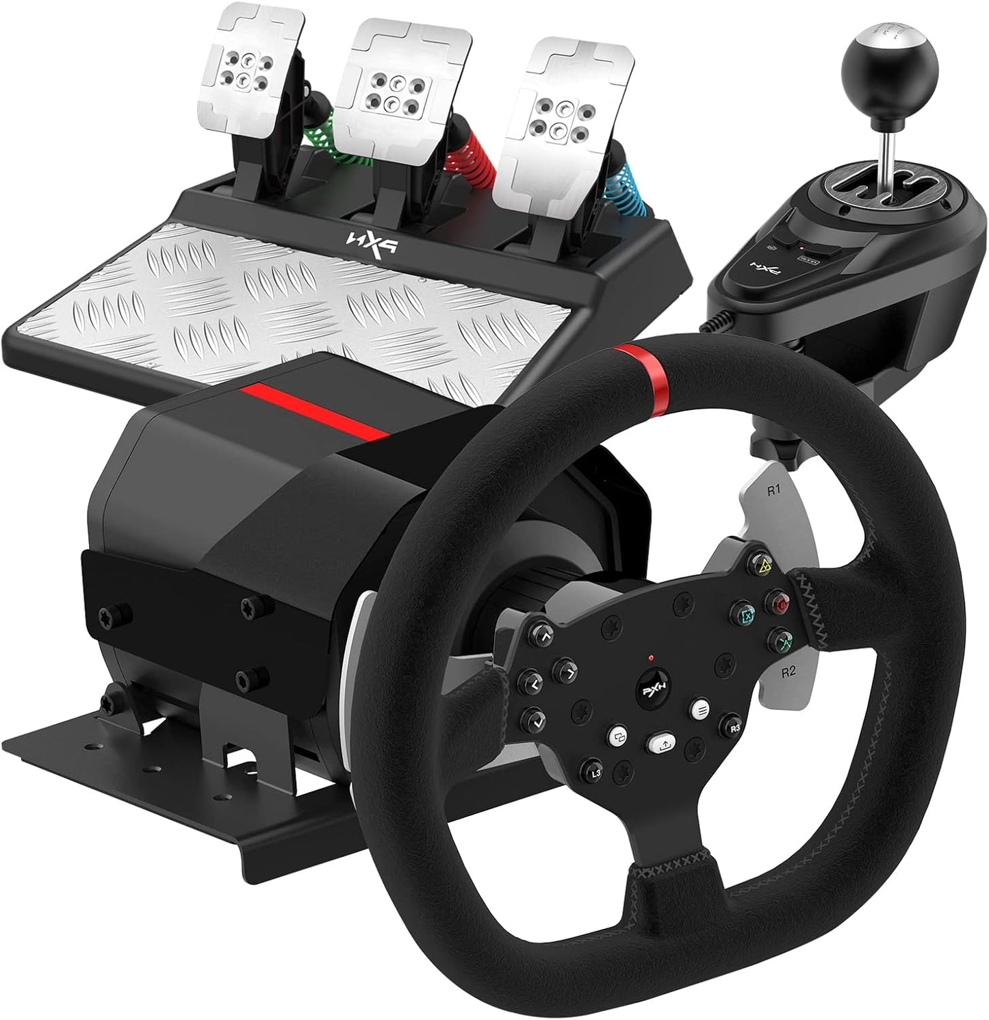 PXN V10 Force Feedback Gaming Steering Wheel and Pedals and Gear Shifter, 270/900° Racing Wheel, Suede Leather Gaming Wheel, Steering Wheel for PC, PS4, Xbox One, Xbox Series X/S