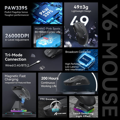 ATTACK SHARK X6 Lightweight Wireless Gaming Mouse with RGB Backlight Charging Base,Tri-Mode - Black