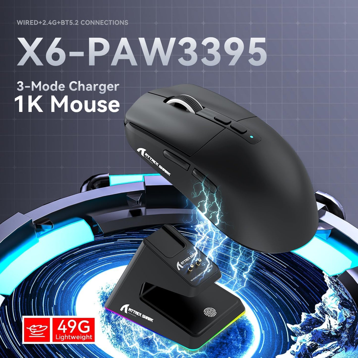 ATTACK SHARK X6 Lightweight Wireless Gaming Mouse with RGB Backlight Charging Base,Tri-Mode - Black
