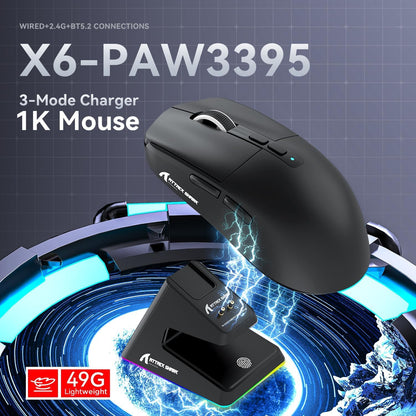 ATTACK SHARK X6 Lightweight Wireless Gaming Mouse with RGB Backlight Charging Base,Tri-Mode - Black