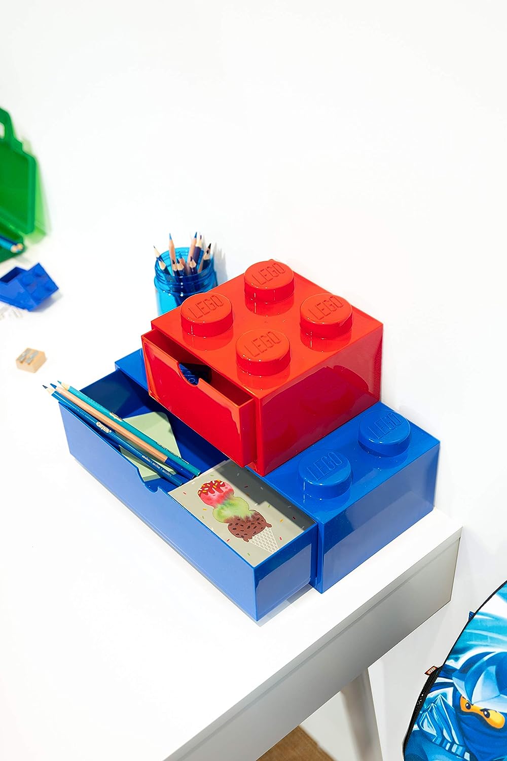 LEGO Storage Brick Desk Drawer, 8-Stud Stackable Tabletop Storage Box - Red