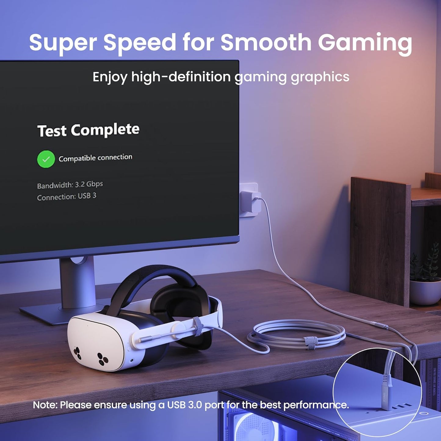 KIWI design Link Cable with Charging 16FT Compatible with Meta Quest 3s/3/2/ Pro/Pico 4 Accessories and PC/SteamVR, USB 3.0 to USB C Link Cable with 5Gbps Super Speed for Extended Gameplay - White | Black