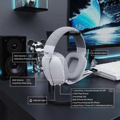Attack Shark L80PRO Wireless Gaming Headset Lightweight Headphones with 20ms Low Latency, Dual Mics, 40mm Drivers, 300mAh Battery - 3 Modes (2.4G/Bluetooth/Wired) - White | Black