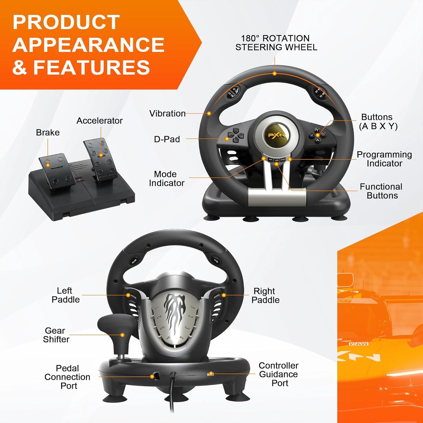 PXN V3 Pro 180 Degree Steering Wheel with Pedals, Vibration Feedback fot for PC, PS3, PS4, Xbox One & Series XS, Nintendo Switch - Black