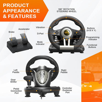 PXN V3 Pro 180 Degree Steering Wheel with Pedals, Vibration Feedback fot for PC, PS3, PS4, Xbox One & Series XS, Nintendo Switch - Black