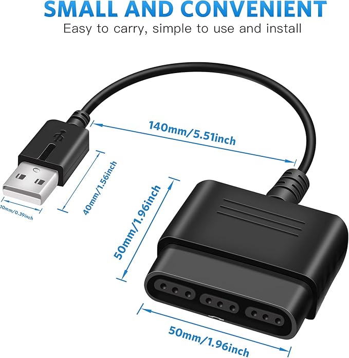 PS2 to USB Adapter for PlayStation 2 Controllers, Converter Cable for PC & PS3, Plug & Play