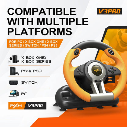PXN V3 Pro 180 Degree Steering Wheel with Pedals, Vibration Feedback for PC, PS3, PS4, Xbox One & Series XS, Nintendo Switch - Orange