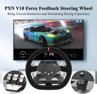 PXN V10 Force Feedback Gaming Steering Wheel and Pedals and Gear Shifter, 270/900° Racing Wheel, Suede Leather Gaming Wheel, Steering Wheel for PC, PS4, Xbox One, Xbox Series X/S