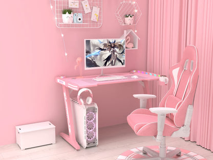 مكتب ألعاب Z8 بطول 120 سم مع أضواء LED وحامل أكواب وحامل سماعة رأس - وردي 
