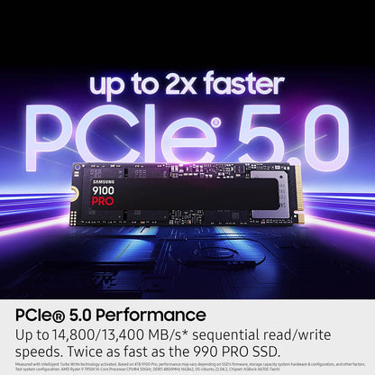 Samsung 9100 PRO 8TB NVMe SSD with Heatsink – PCIe 5.0 x4, 14,800MB/s Read, 13,400MB/s Write, 8GB DRAM, 4,800TBW & Samsung V-NAND TLC