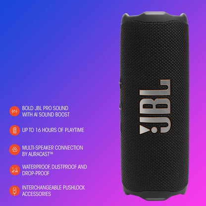 JBL Flip 7 - Portable Waterproof and Drop-Proof Speaker, Bold Pro Sound with AI Sound Boost, 16Hrs of Playtime, and PushLock System with Interchangeable Accessories