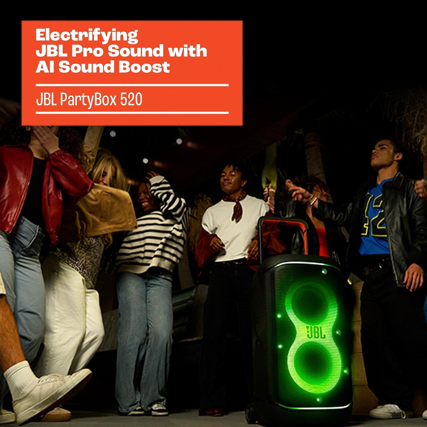 JBL PartyBox 520 - Portable Battery-Powered Party Speaker with AI Sound Boost, Up to 15 Hours of Play time
