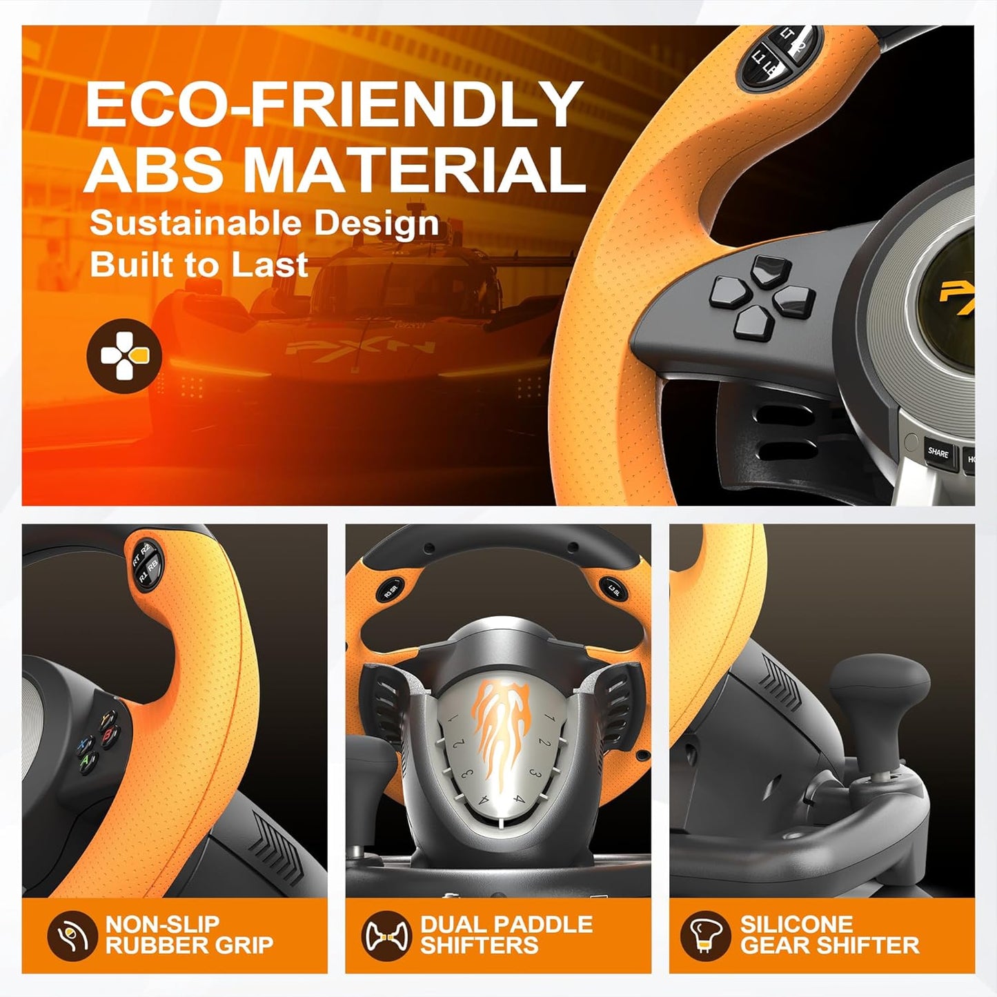 PXN V3 Pro 180 Degree Steering Wheel with Pedals, Vibration Feedback for PC, PS3, PS4, Xbox One & Series XS, Nintendo Switch - Orange