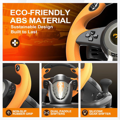 PXN V3 Pro 180 Degree Steering Wheel with Pedals, Vibration Feedback for PC, PS3, PS4, Xbox One & Series XS, Nintendo Switch - Orange