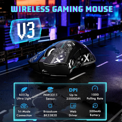 Attack Shark V3 Tri-Mode Wireless Gaming Mouse 62g Lightweight Ergonomic - Black
