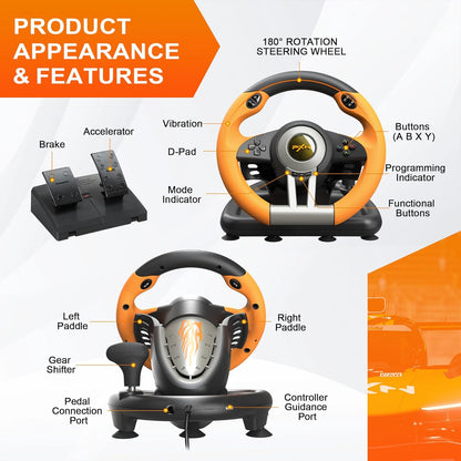 PXN V3 Pro 180 Degree Steering Wheel with Pedals, Vibration Feedback for PC, PS3, PS4, Xbox One & Series XS, Nintendo Switch - Orange