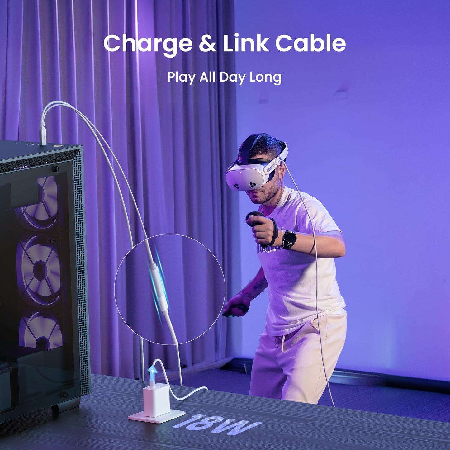 KIWI design Link Cable with Charging 16FT Compatible with Meta Quest 3s/3/2/ Pro/Pico 4 Accessories and PC/SteamVR, USB 3.0 to USB C Link Cable with 5Gbps Super Speed for Extended Gameplay - White | Black