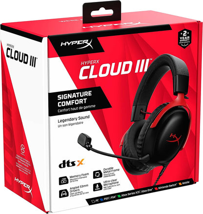 سماعة رأس سلكية للألعاب HyperX Cloud III، لأجهزة الكمبيوتر الشخصية، PS5، Xbox Series X|S - أحمر | أسود